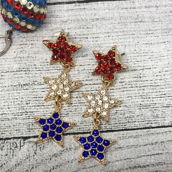 Bundle lot 3 patriotic USA red white blue earrings dangle drop rhinestone enamel - Picture 2 of 4